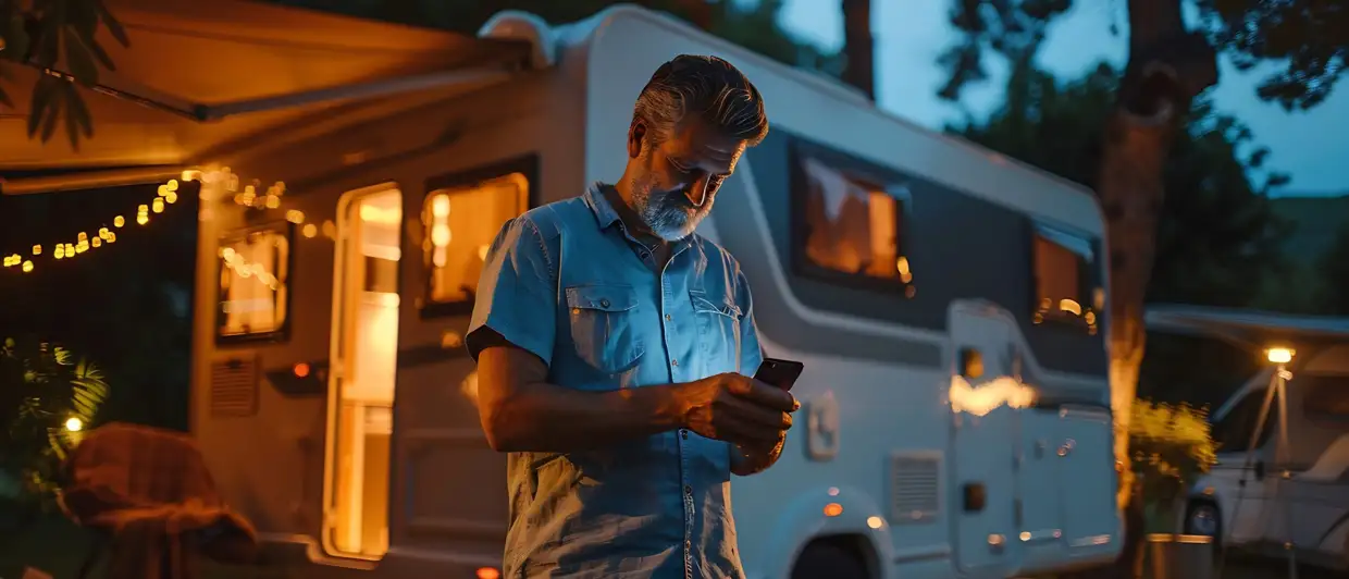 Camper parked at dusk with string lights strung along the awning