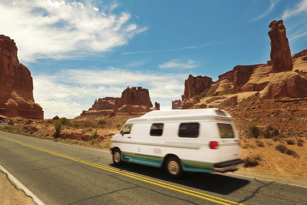 Camper recreational vehicle in a highway in the United States