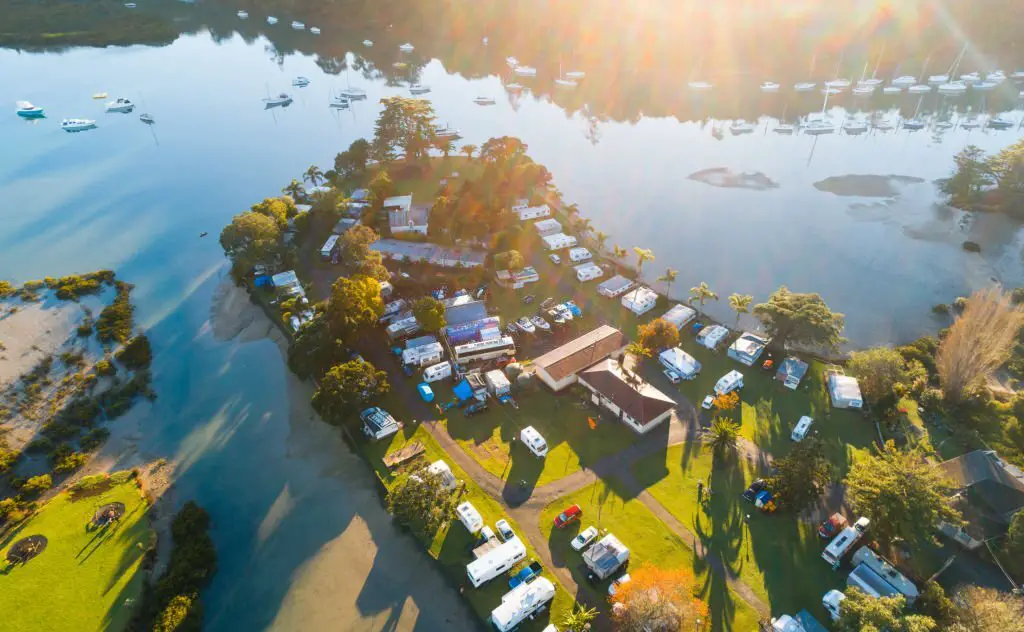 RV park near lake aerial image
