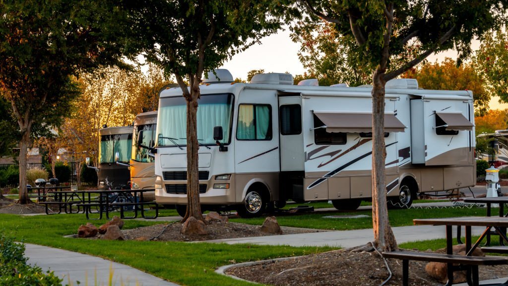 RVs in campground in the early morning