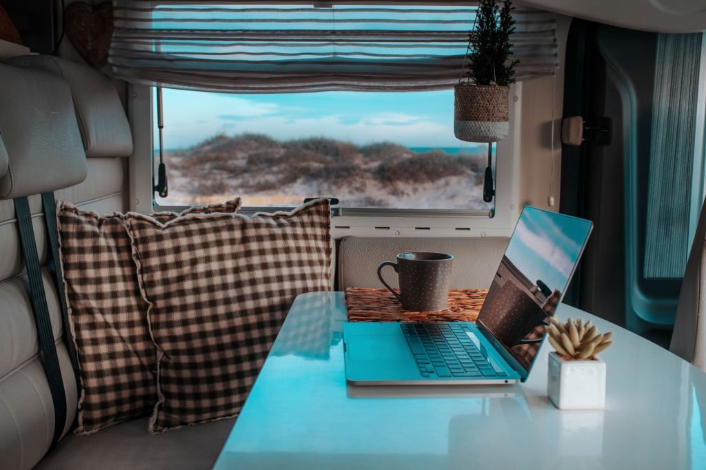 Laptop inside an RV in a campground