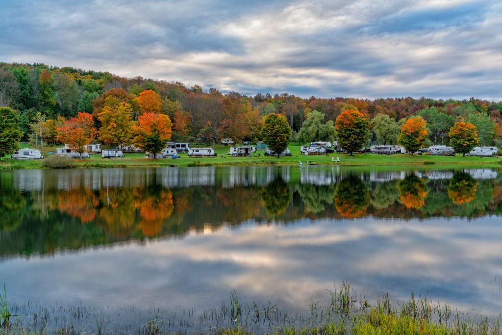 Autumn in an RV park by the lake in the United States